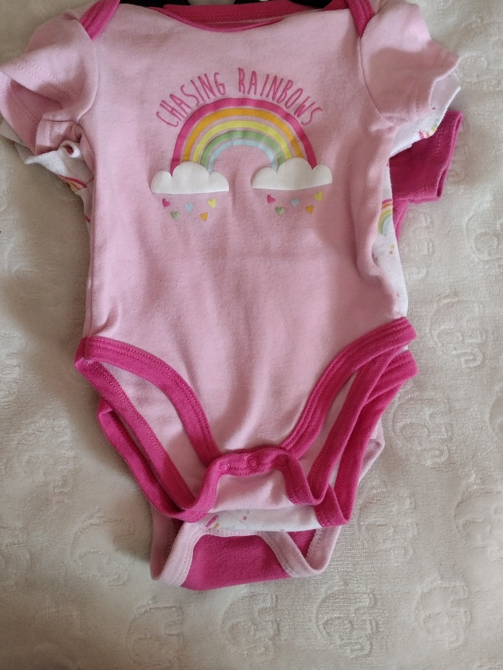 Kidgets Pink Baby One-Piece with Rainbow Yoke and Bright Pink Trim